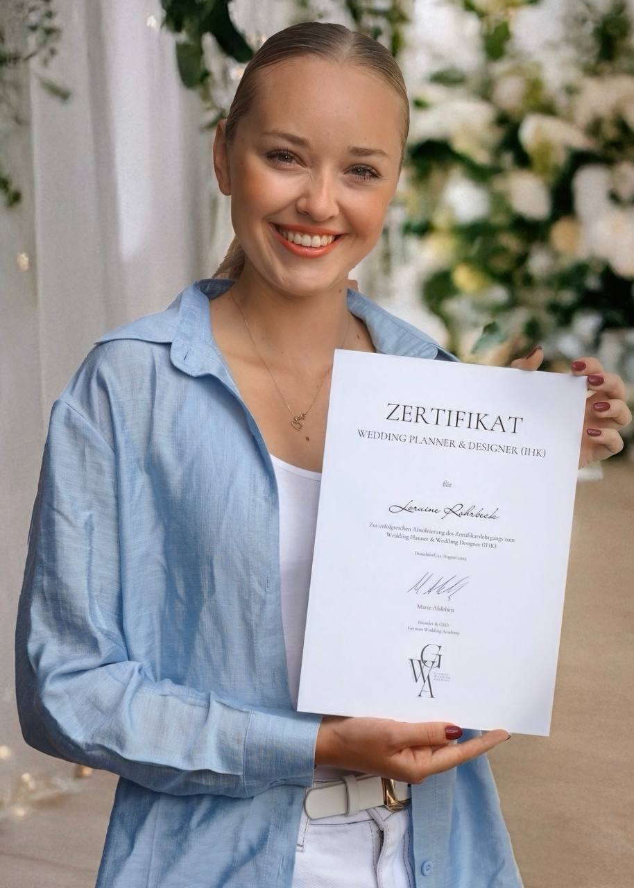 Loraine mit ihrem Zertifikat als Hochzeitsplanerin und Wedding Designerin